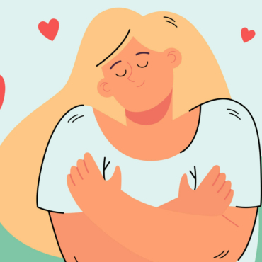 Cute peaceful woman hugging her shoulders flat vector illustration. Cartoon positive girl embracing herself with hearts flying around. Love yourself and self-confidence concept